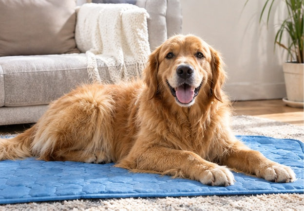 Golden retriever lying on the Arctic Freeze Mat indoors