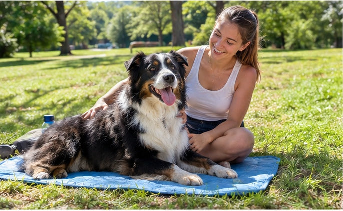 Woman with her dog on the Arctic Freeze Mat outdoors
