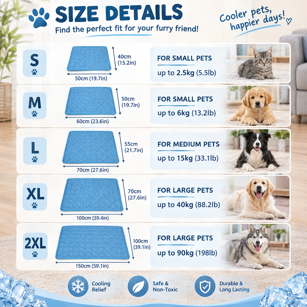 Arctic Freeze Mat size chart - S, M, L, XL, 2XL dimensions and pet weight guide