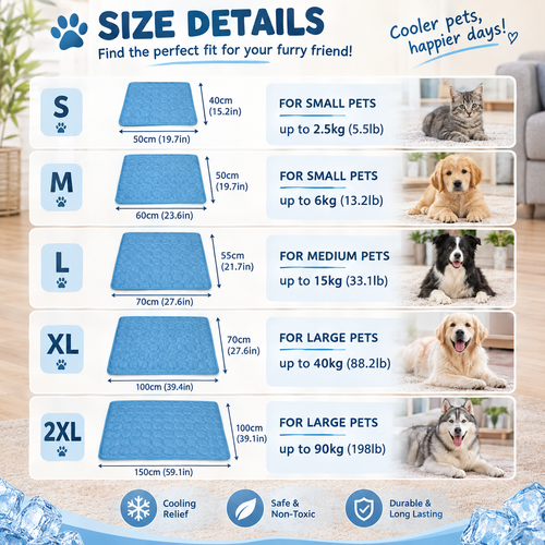 Arctic Freeze Mat size chart - S, M, L, XL, 2XL dimensions and pet weight guide